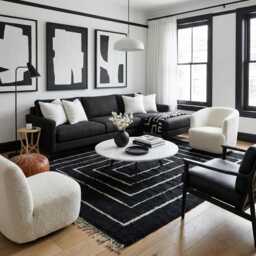 Authentic Black Moroccan Rug - Minimalist White Geometric Lines Wool Carpet Modern Monochromatic Area - thumbnail 1