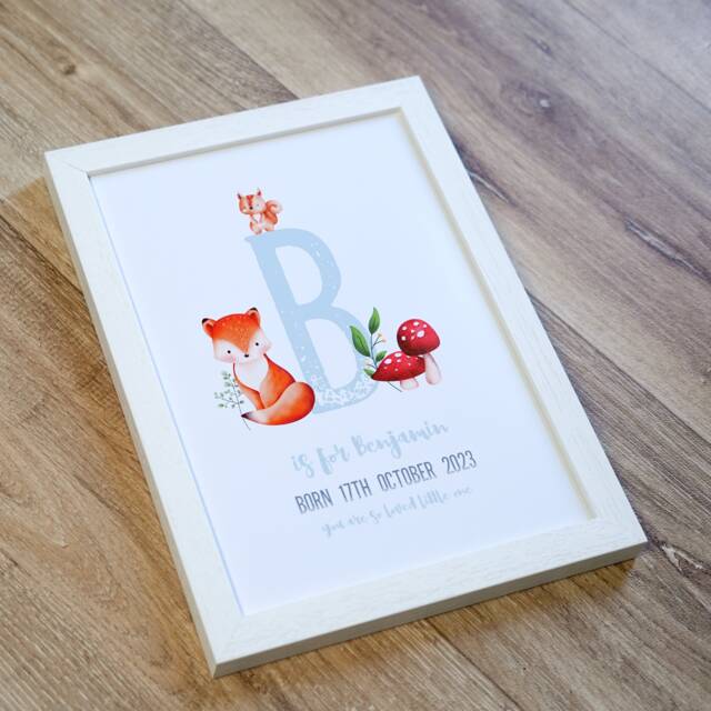 Personalised Nursery Art, Woodland Animal Decor, First Baby Gift, Children Bedroom Wall Initial Print - image 1