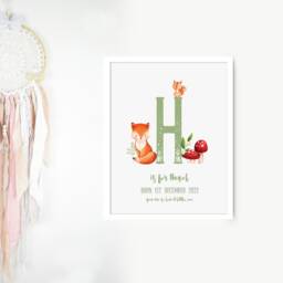 Personalised Nursery Art, Woodland Animal Decor, First Baby Gift, Children Bedroom Wall Initial Print - thumbnail 3