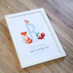 Personalised Nursery Art, Woodland Animal Decor, First Baby Gift, Children Bedroom Wall Initial Print - thumbnail 1