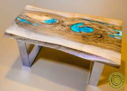 Live Edge Coffee Table With Silver Matt Legs & Glowing Resin