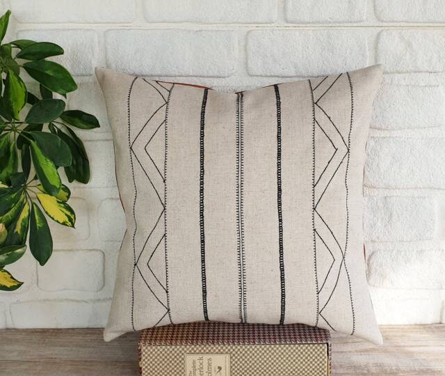 Ethnic Embroidered Design Natural Linen Pillow Cover-Back Side Faux Leather/Housewarming Gift-1Pcs - image 1