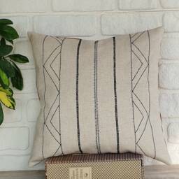Ethnic Embroidered Design Natural Linen Pillow Cover-Back Side Faux Leather/Housewarming Gift-1Pcs - thumbnail 3