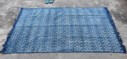 Indigo Block Printed Cotton Dhurrie Rug, 4x6 Ft, Handmade Indian Rug - thumbnail 1