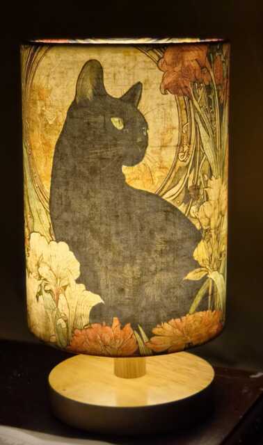 Art Nouveau Black Cat Lamp Decoupage Table Light, Bedside Nightstand Accent - image 1