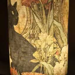Art Nouveau Black Cat Lamp Decoupage Table Light, Bedside Nightstand Accent - thumbnail 3
