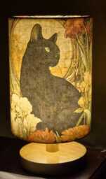 Art Nouveau Black Cat Lamp Decoupage Table Light, Bedside Nightstand Accent