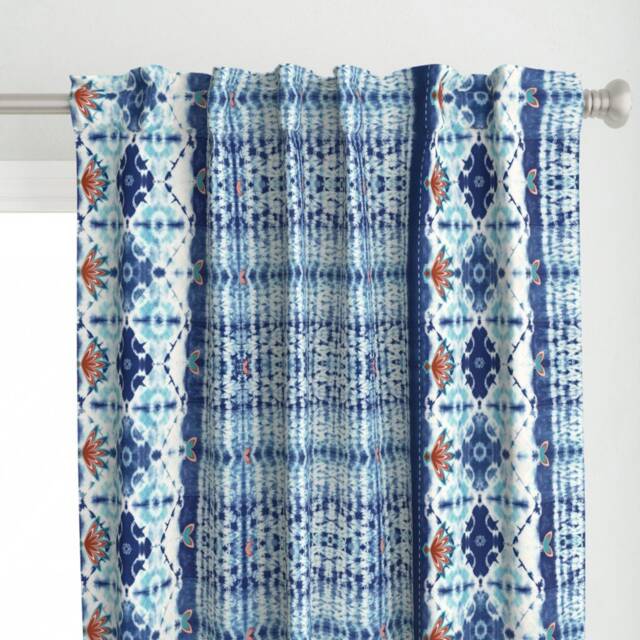 Bohomenian Shibori Curtain Panel - Indigo Tie Dye Boho Stripe Blue & White Custom By Designed_By_Debby - image 1