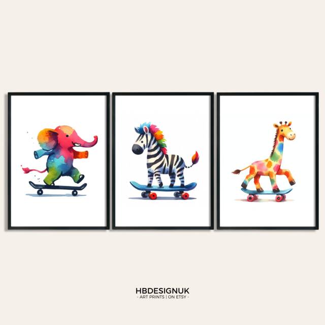 Skateboarder Animal Wall Art - Set Of 3 Posters - Skateboard Prints Kids Room Decor Gift Skateboarding Artwork Boys Bedroom Gifts - image 1