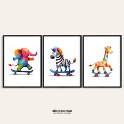 Skateboarder Animal Wall Art - Set Of 3 Posters - Skateboard Prints Kids Room Decor Gift Skateboarding Artwork Boys Bedroom Gifts - thumbnail 1