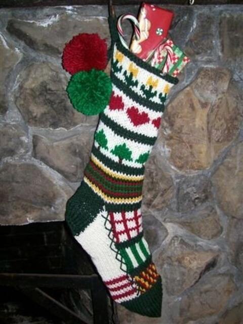 Hand Knit Christmas Stocking Classic Sampler Hearts Flowers Trees Stripes By Santa's Works - image 1