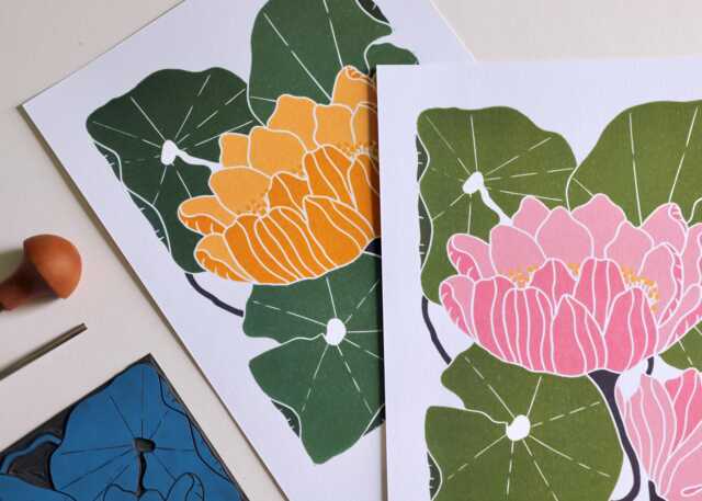 Water Lily Linocut Art Print On Cotton Paper, A5 Or & Signed By Hand - image 1