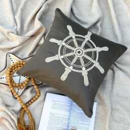 Brown Linen Pearl Embroidered Abstract Pattern, Beach Style Throw Pillow Cover - Sailboat Wheel - thumbnail 3