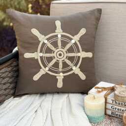 Brown Linen Pearl Embroidered Abstract Pattern, Beach Style Throw Pillow Cover - Sailboat Wheel - thumbnail 1