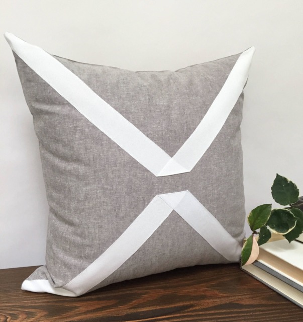 Gray Linen Pillow Cover, White Grosgrain Ribbon Geometric Design - image 1