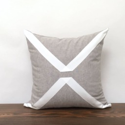 Gray Linen Pillow Cover, White Grosgrain Ribbon Geometric Design - thumbnail 2