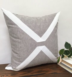 Gray Linen Pillow Cover, White Grosgrain Ribbon Geometric Design - thumbnail 1