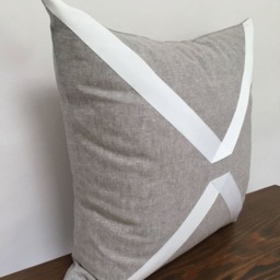 Gray Linen Pillow Cover, White Grosgrain Ribbon Geometric Design - thumbnail 3
