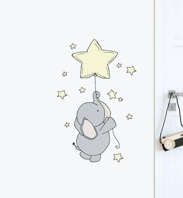 Elephant Floating With Star Balloon Wall Sticker Decal - Nursery Stickers, Animal Decals, Home Decor, Baby Room, Art