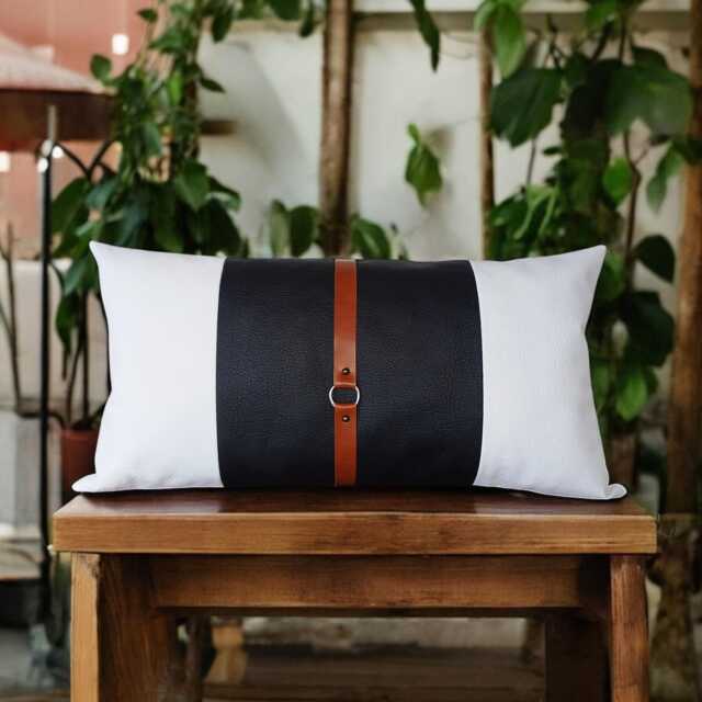 White/Black Color Block Faux Leather Pillow Cover With Cognac Strap, Euro Sharm Cover, Custom Sizes, Cushion Cover, Throw Pillow