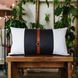 White/Black Color Block Faux Leather Pillow Cover With Cognac Strap, Euro Sharm Cover, Custom Sizes, Cushion Cover, Throw Pillow - thumbnail 1