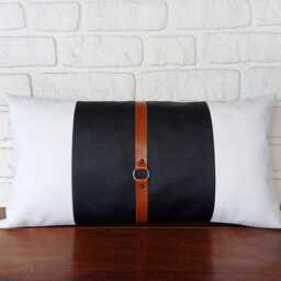 White/Black Color Block Faux Leather Pillow Cover With Cognac Strap, Euro Sharm Cover, Custom Sizes, Cushion Cover, Throw Pillow - thumbnail 2