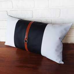 White/Black Color Block Faux Leather Pillow Cover With Cognac Strap, Euro Sharm Cover, Custom Sizes, Cushion Cover, Throw Pillow - thumbnail 3