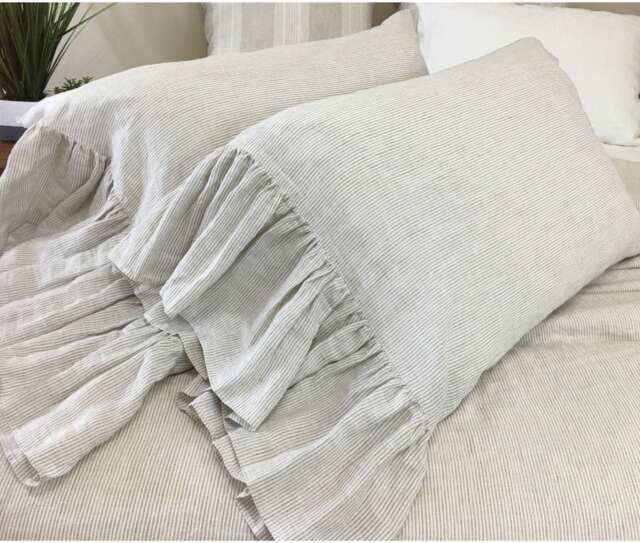 A Pair Of Linen Ticking Striped Pillow Covers Feature Mermaid Long Ruffles, Inspired By French Country Style, Cases - image 1