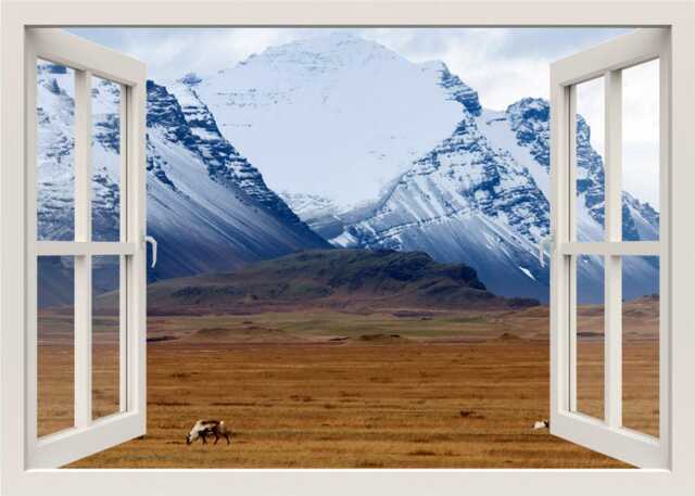 Mountains Wall Decal, Mountain 3D Window Nature Sticker, Snow Mural, View Frame Decal