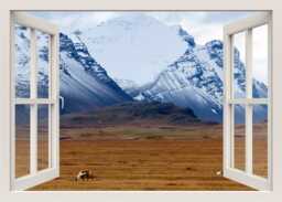 Mountains Wall Decal, Mountain 3D Window Nature Sticker, Snow Mural, View Frame Decal