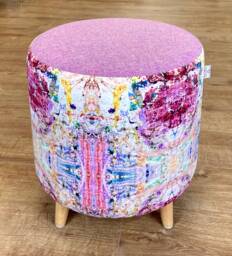 Paint Spray Velvet & Pink Lilac Harris Tweed Footstool With Tiny Wooden Legs
