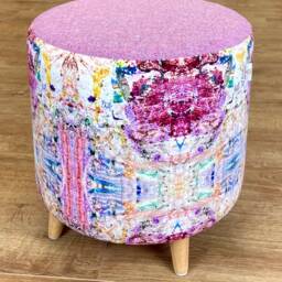 Paint Spray Velvet & Pink Lilac Harris Tweed Footstool With Tiny Wooden Legs - thumbnail 3