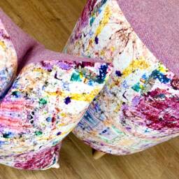 Paint Spray Velvet & Pink Lilac Harris Tweed Footstool With Tiny Wooden Legs - thumbnail 4