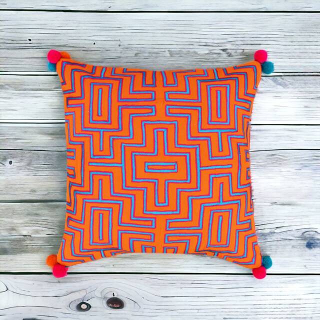 Embroidered Mola Pillow Cover, Orange Cotton, Boho Pom Poms, 16x16 - image 1