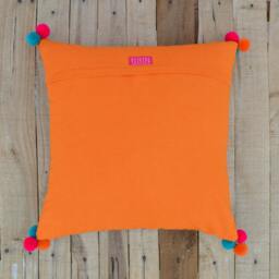 Embroidered Mola Pillow Cover, Orange Cotton, Boho Pom Poms, 16x16 - thumbnail 3