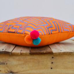 Embroidered Mola Pillow Cover, Orange Cotton, Boho Pom Poms, 16x16 - thumbnail 2