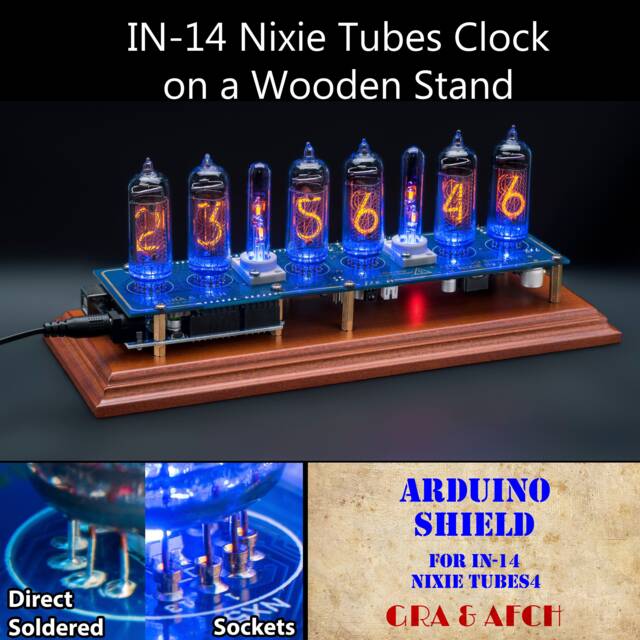 Nixie Tube Clock In-14 Arduino Shield Wooden Stand Columns Gps Temp. Sensor Remote For Boyfriend, Husband, Vintage, Glowing Clock, Steampunk - image 1