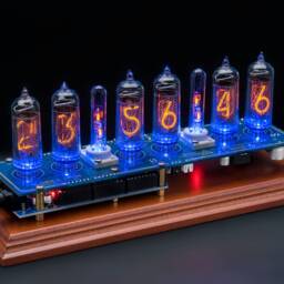 Nixie Tube Clock In-14 Arduino Shield Wooden Stand Columns Gps Temp. Sensor Remote For Boyfriend, Husband, Vintage, Glowing Clock, Steampunk - thumbnail 3