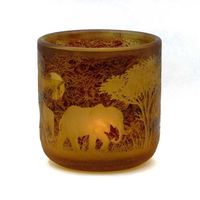 Lantern Tealight Holder Savanna Elephants Africa Deep Cut Engraving Hand Engraved Mouth Blown - image 1