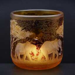 Lantern Tealight Holder Savanna Elephants Africa Deep Cut Engraving Hand Engraved Mouth Blown - thumbnail 4