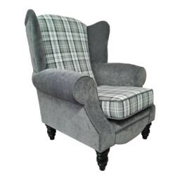 Queen Anne Wingback Chair Grey Tartan Fabric, Black Gloss Legs - thumbnail 1