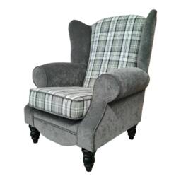 Queen Anne Wingback Chair Grey Tartan Fabric, Black Gloss Legs - thumbnail 2