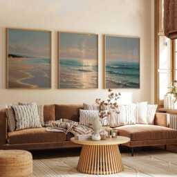 Sunset Ocean Poster Set Of 3 Golden Beach Coastal Wall Art - thumbnail 2