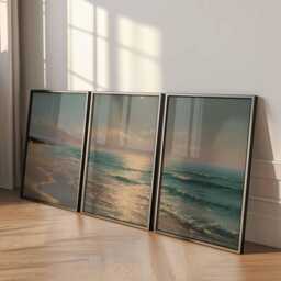 Sunset Ocean Poster Set Of 3 Golden Beach Coastal Wall Art - thumbnail 4
