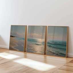 Sunset Ocean Poster Set Of 3 Golden Beach Coastal Wall Art - thumbnail 1