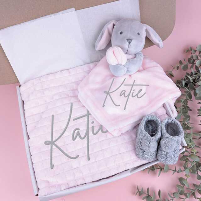 Embroidered Pink Grey Rabbit Comforter Blanket Gift Set - Baby Shower Booties Newborn Girl - image 1