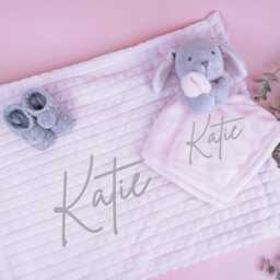 Embroidered Pink Grey Rabbit Comforter Blanket Gift Set - Baby Shower Booties Newborn Girl - thumbnail 2