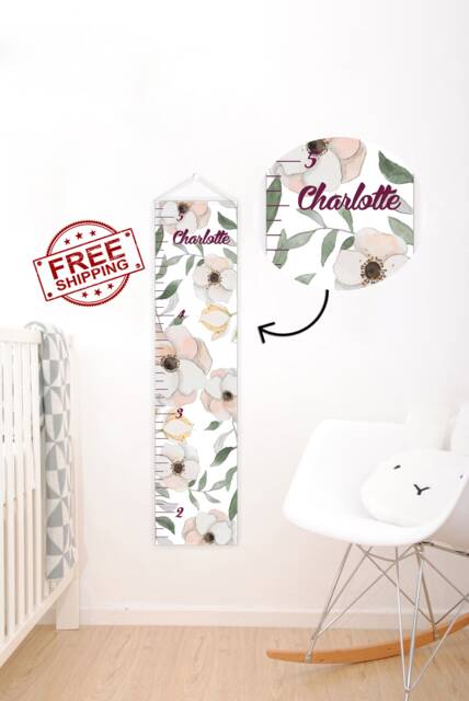 Growth Chart - Ruler Canvas Kids Chart Custom Height Ruler -Nursery -Baby Girl Nursery -Floral - image 1