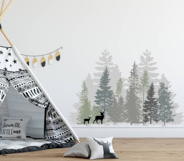 Tree Forest Wall Decals - Sticker Nursery Decal Kids Room Decor Deer Animal Vinyl R96 - image 1
