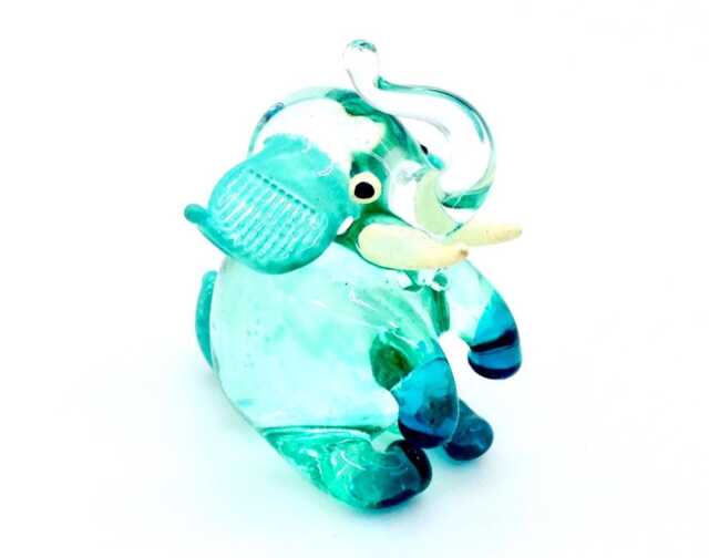 Hand Blown Glass Miniature Elephant Sitting Little Animal Blue White Figurine Statue Tiny Decoration Collectible Small Craft Painted Figure - image 1